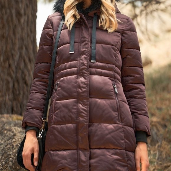 CHIC DOLLZ Wine Glossy Long faux Fur Hood Puffer Coat - Picture 2 of 4